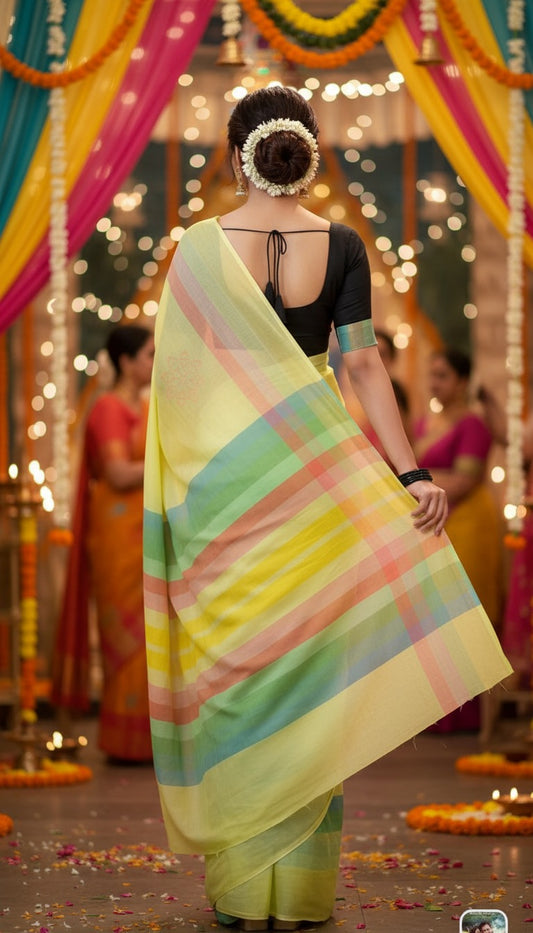 Cotton linen digital print Yellow Colour saree with colour border design