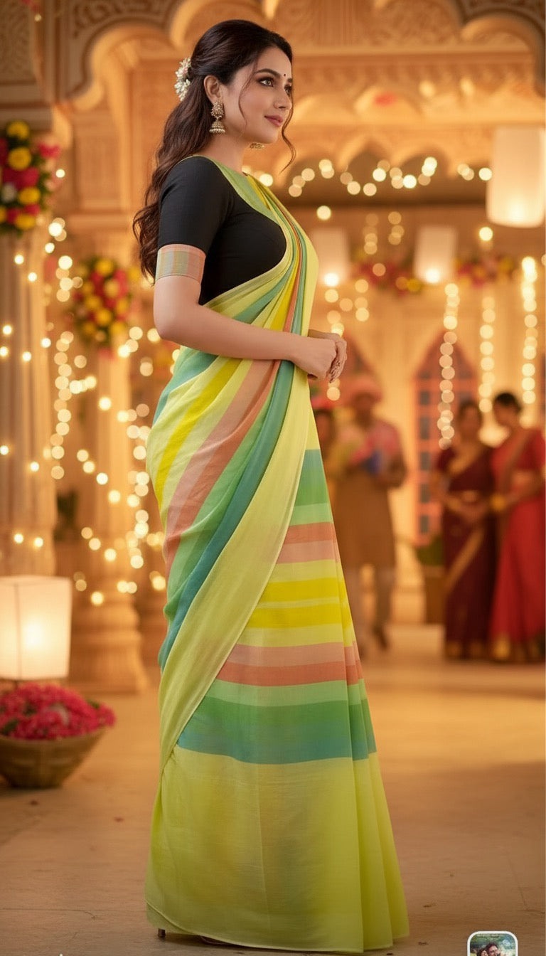 Cotton linen digital print Yellow Colour saree with colour border design