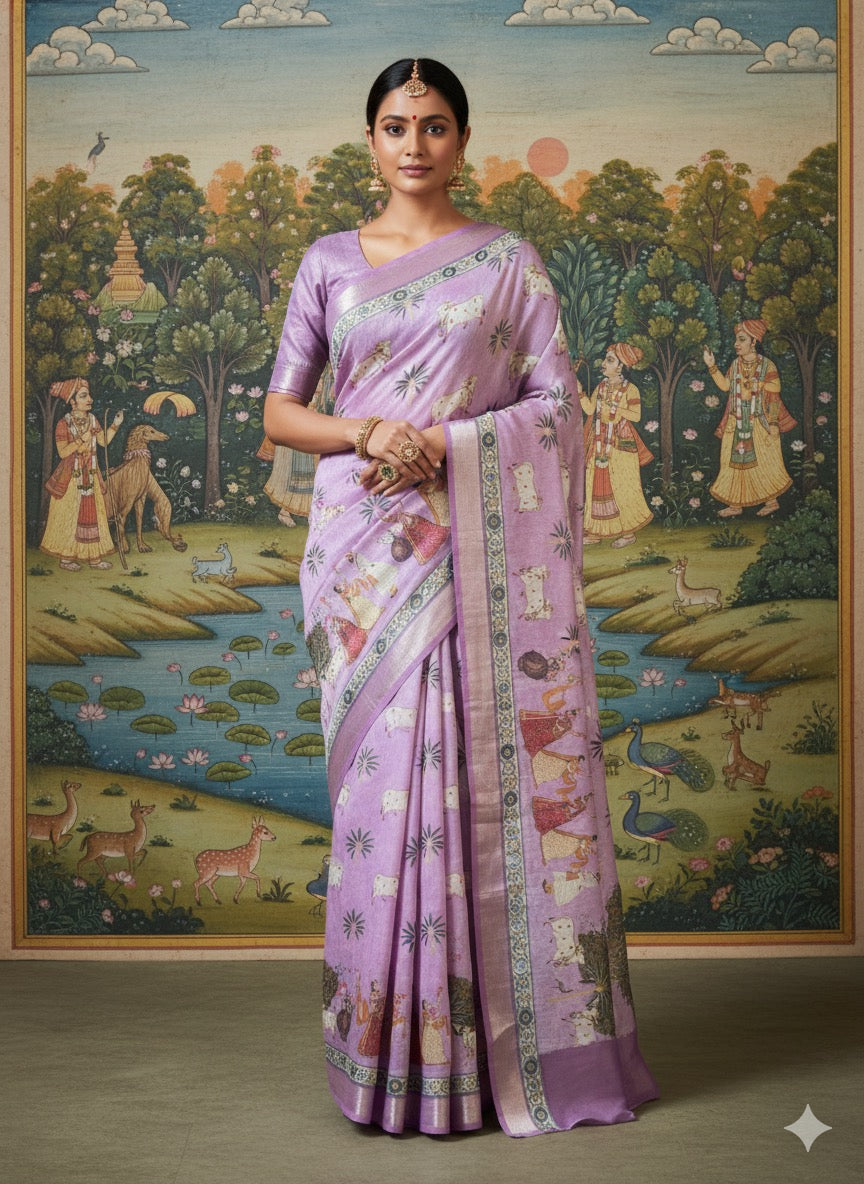 Chanderi silk  golden border digital print pichwai saree