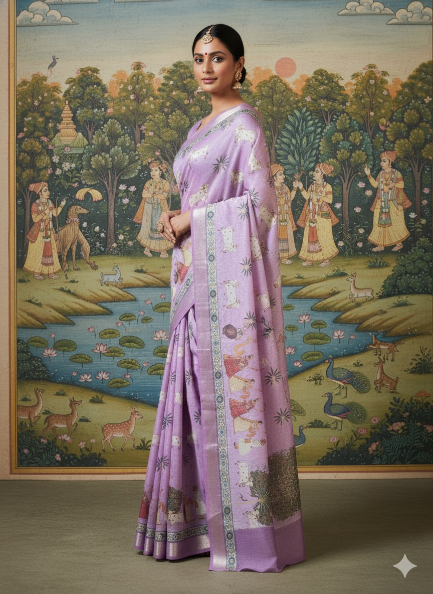 Chanderi silk  golden border digital print pichwai saree
