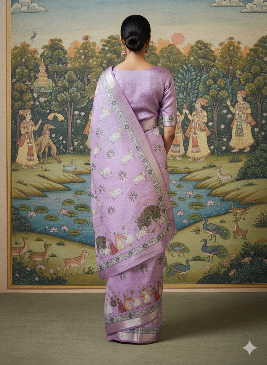 Chanderi silk  golden border digital print pichwai saree