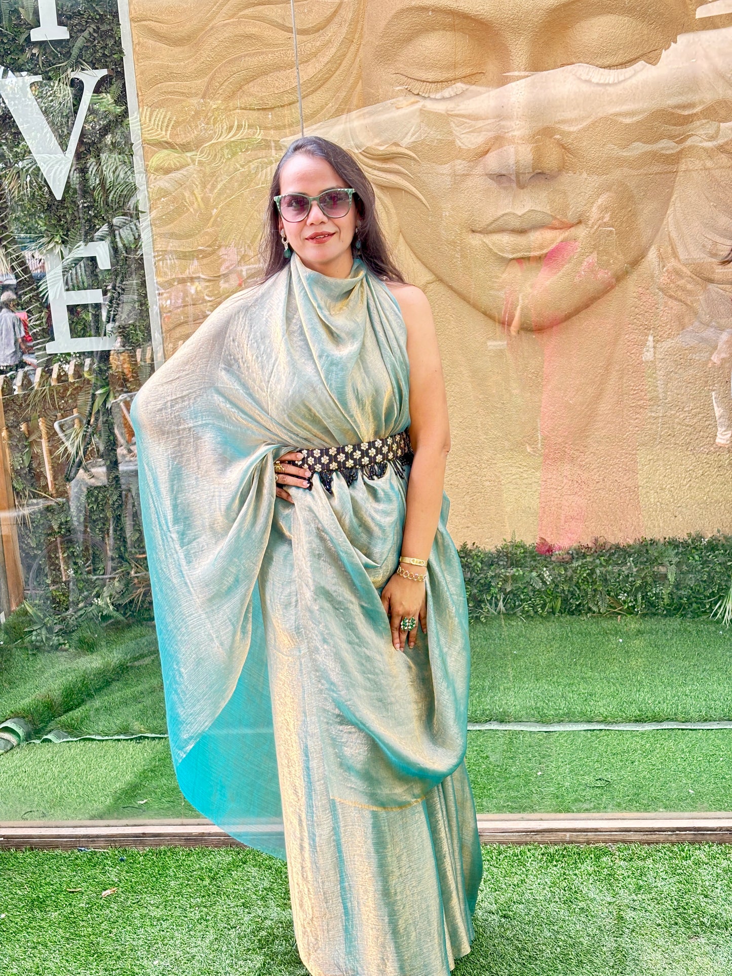 Designer Fendi green gold saree