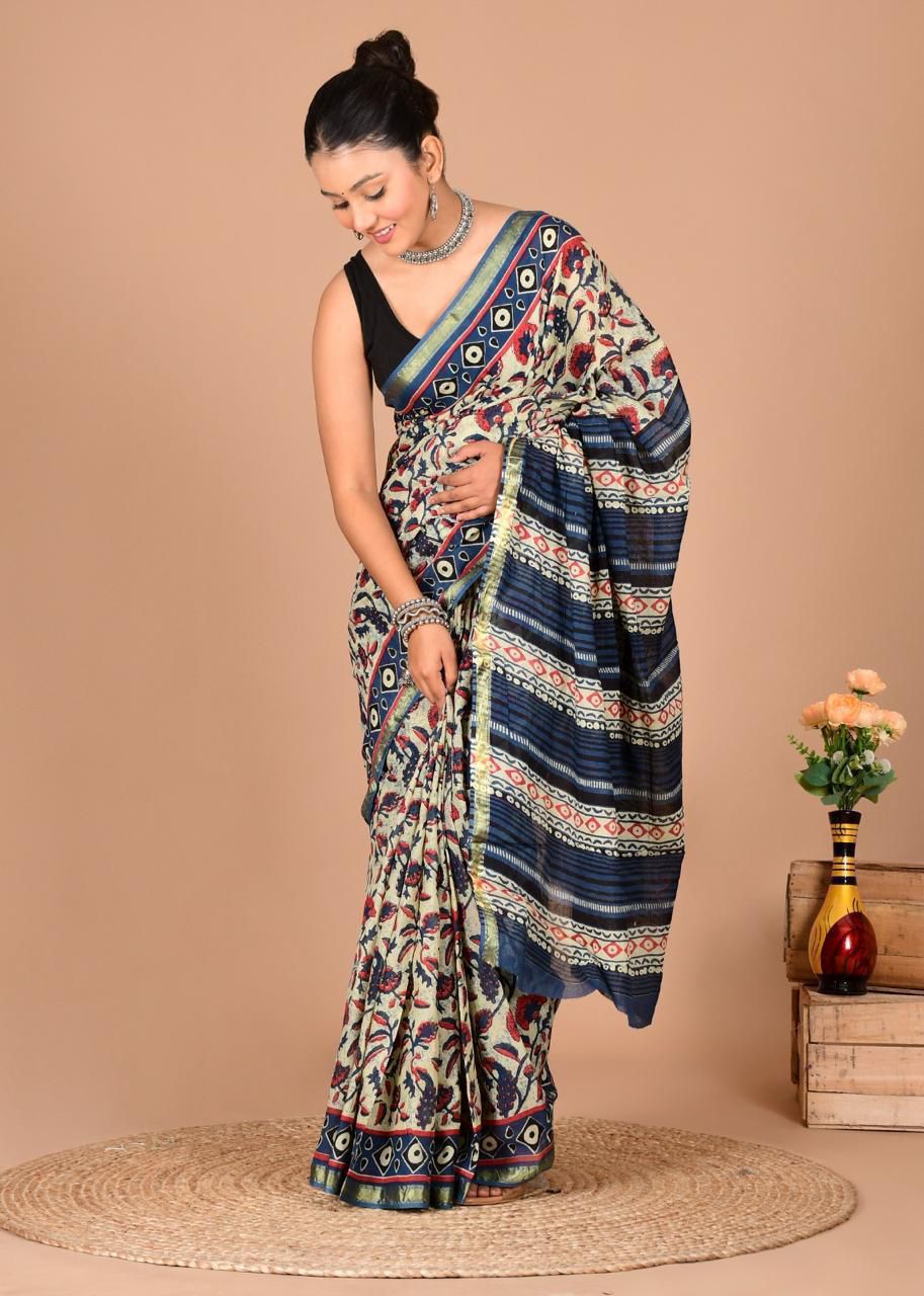 Bagru Natural Hand Block Print Cotton Blue Sarees With Blouse