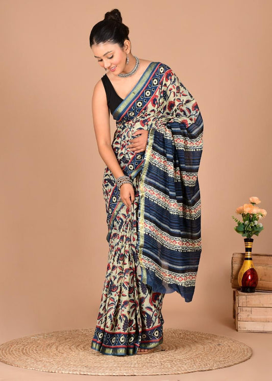 Bagru Natural Hand Block Print Cotton Blue Sarees With Blouse