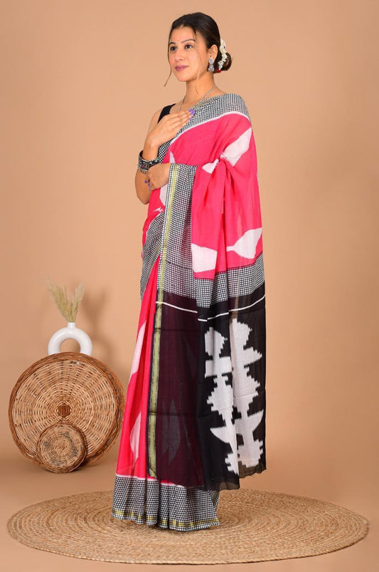 Bagru Natural Hand Block Print Cotton Pink Sarees With Blouse
