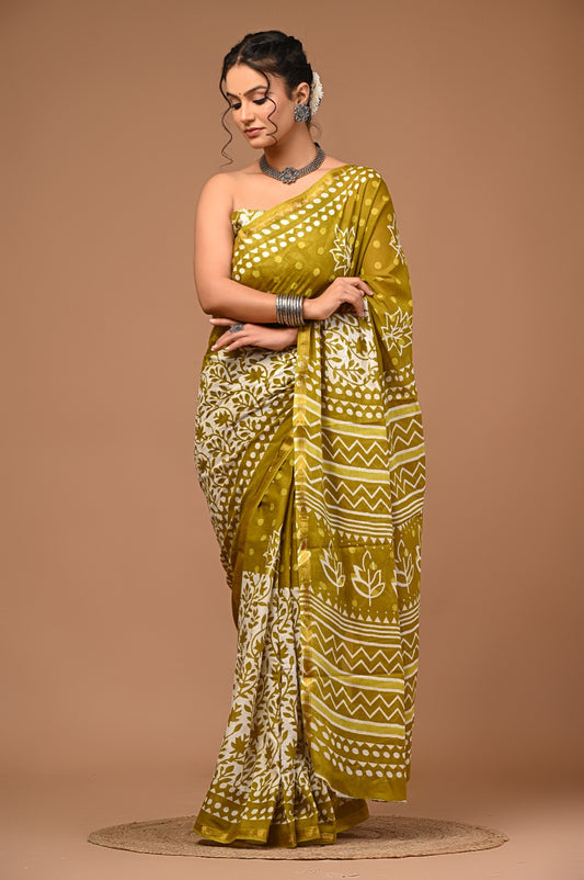 Bagru Natural Hand Block Print Cotton Yellow Sarees With Blouse