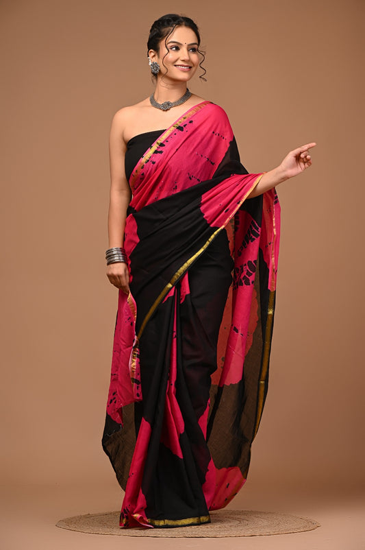 Bagru Natural Hand Block Print Cotton Red-Black Sarees With Blouse