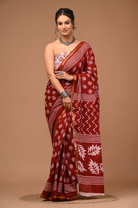 Bagru Natural Hand Block Print Cotton Maroon Sarees With Blouse