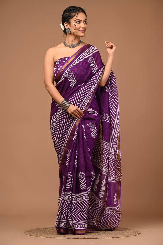 Bagru Natural Hand Block Print Cotton Dark Purple Sarees With Blouse