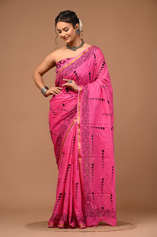 Bagru Natural Hand Block Print Cotton Pink Sarees With Blouse
