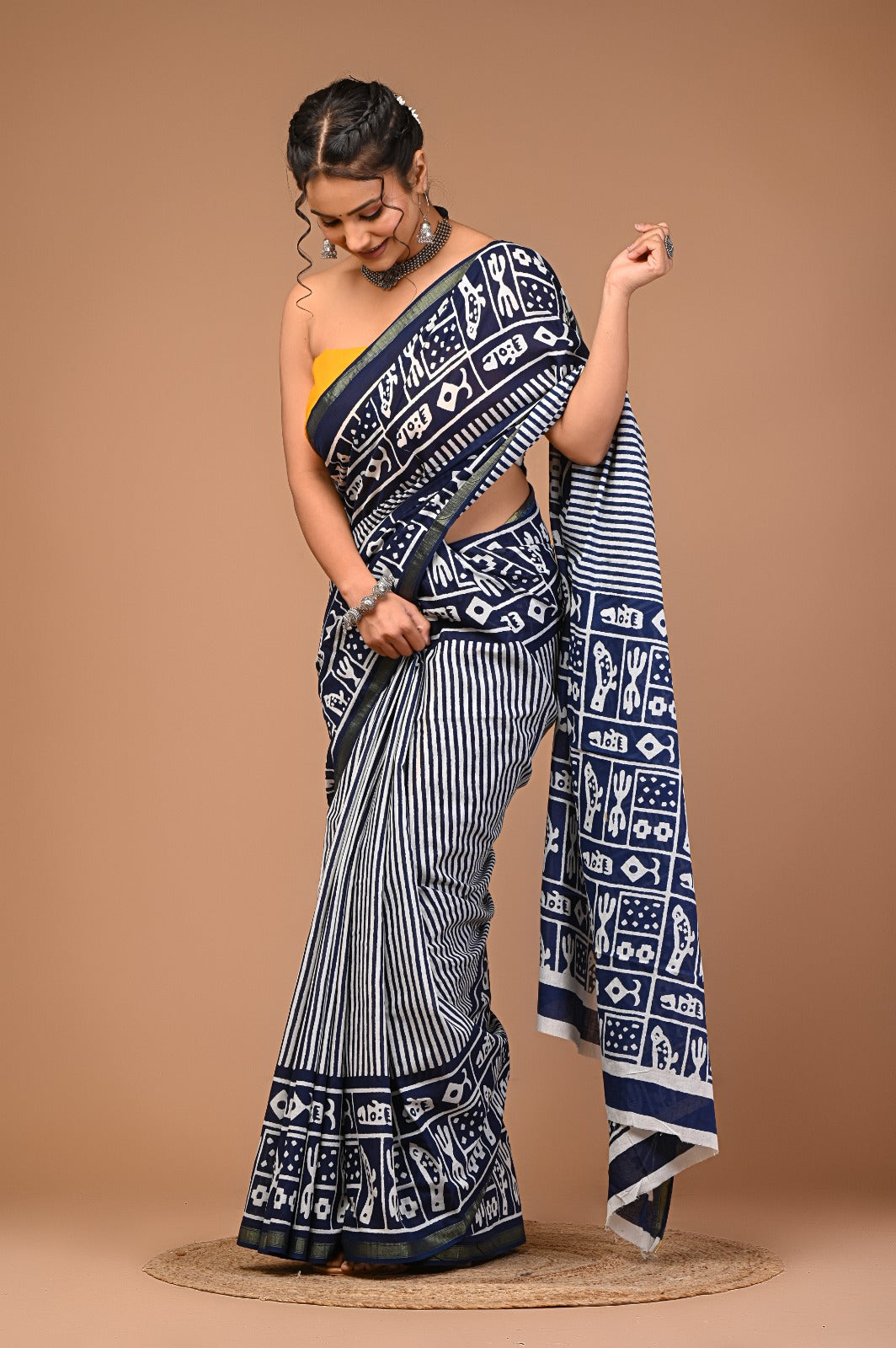 Bagru Natural Hand Block Print Cotton Navy Blue-White Sarees With Blouse