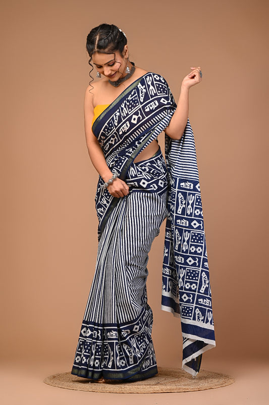 Bagru Natural Hand Block Print Cotton Navy Blue-White Sarees With Blouse
