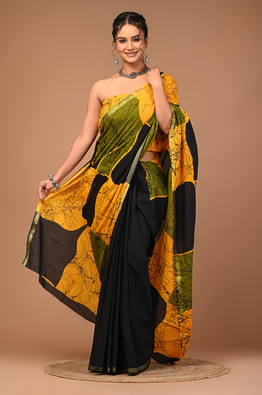 Bagru Natural Hand Block Print Cotton Black-Yellow Sarees With Blouse
