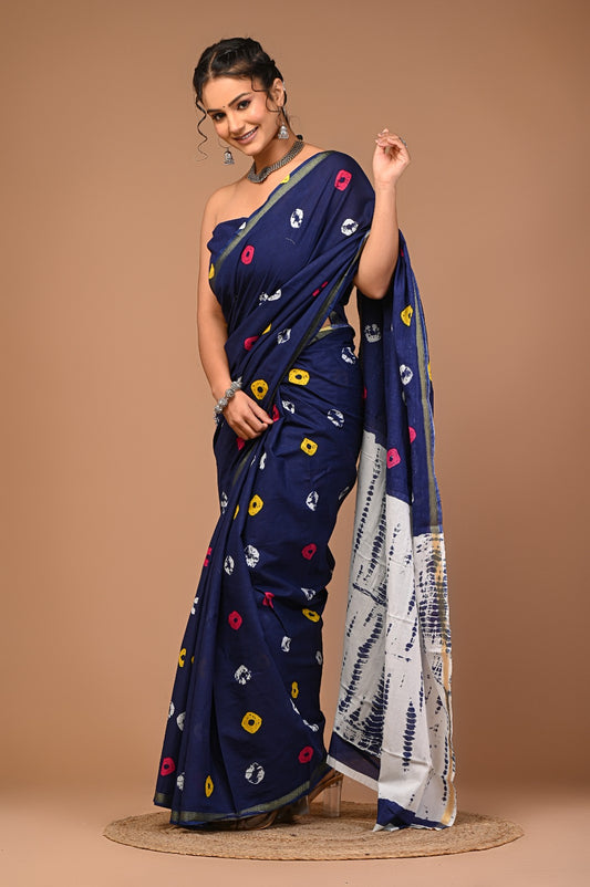 Bagru Natural Hand Block Print Cotton Navy Blue Sarees With Blouse