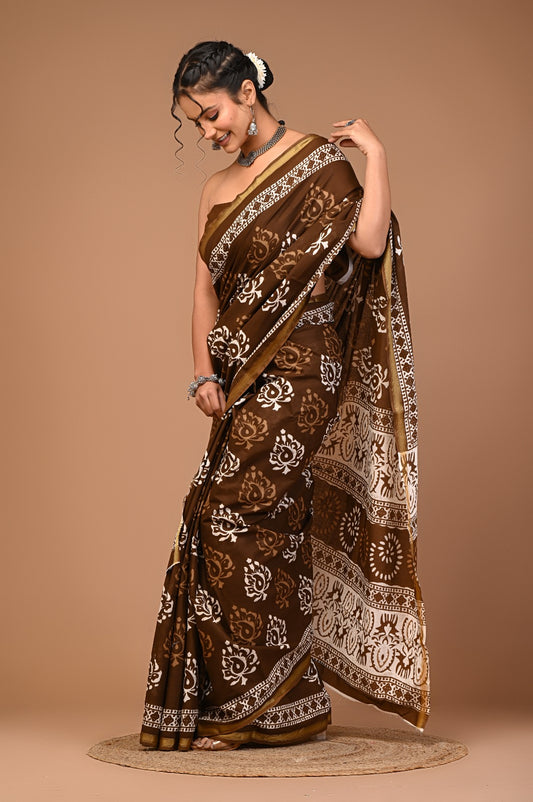 Bagru Natural Hand Block Print Cotton Brown Sarees With Blouse