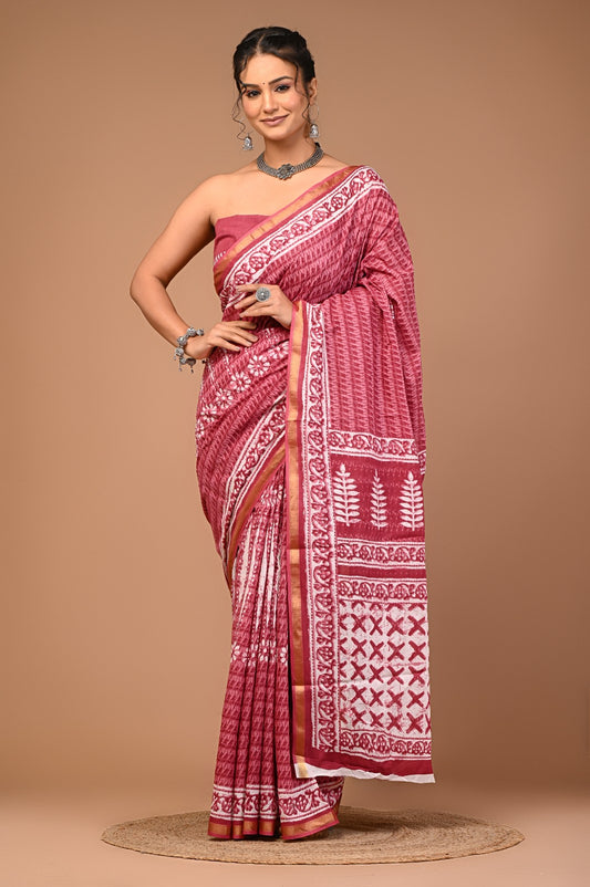 Bagru Natural Hand Block Print Cotton Light Pink Sarees With Blouse