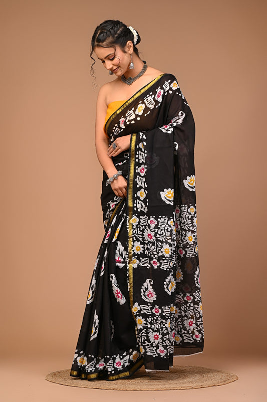 Bagru Natural Hand Block Print Cotton Black Sarees With Blouse