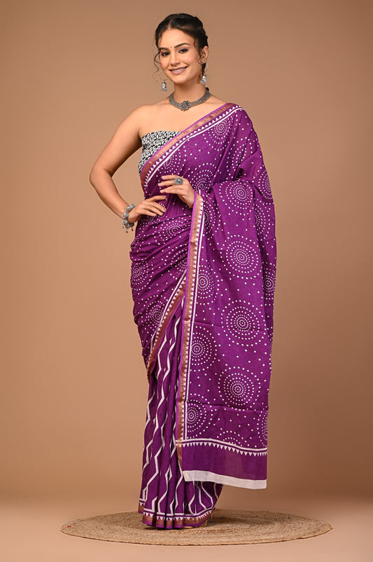 Bagru Natural Hand Block Print Cotton Purple Mulmul Sarees With Blouse
