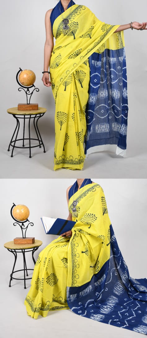 Bagru Natural Hand Block Print Cotton Yellow-Blue  Mulmul Sarees With Blouse