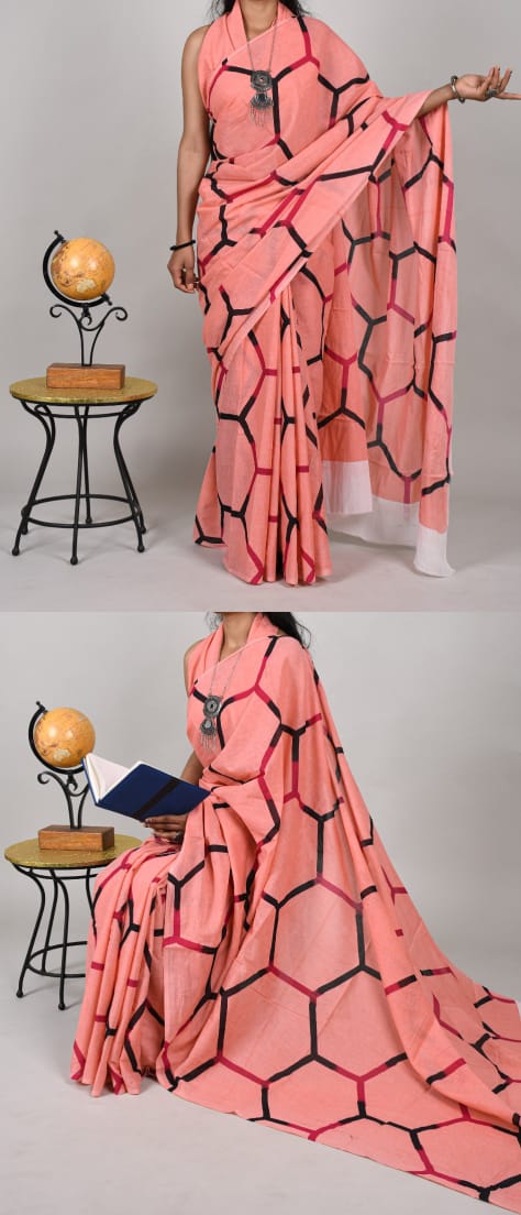 Bagru Natural Hand Block Print Cotton light Orange Mulmul Sarees With Blouse