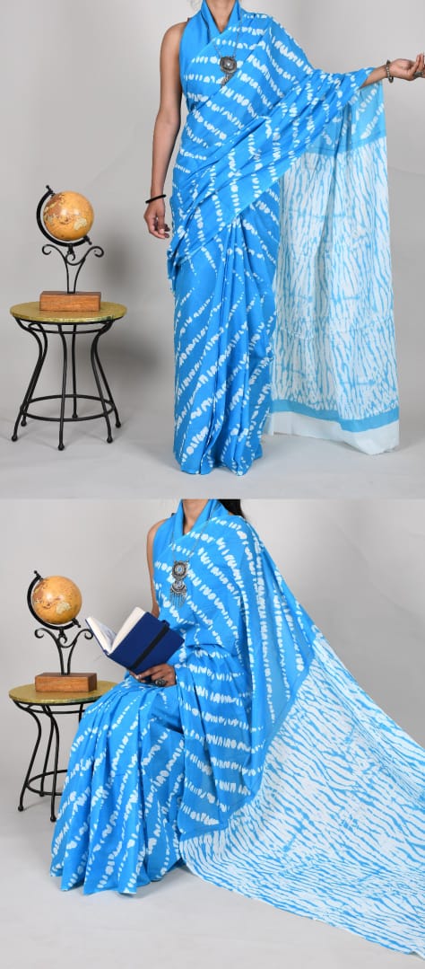 Bagru Natural Hand Block Print Cotton Sky Blue-White Mulmul Sarees With Blouse