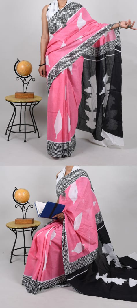 Bagru Natural Hand Block Print Cotton Pink-Black Mulmul Sarees With Blouse