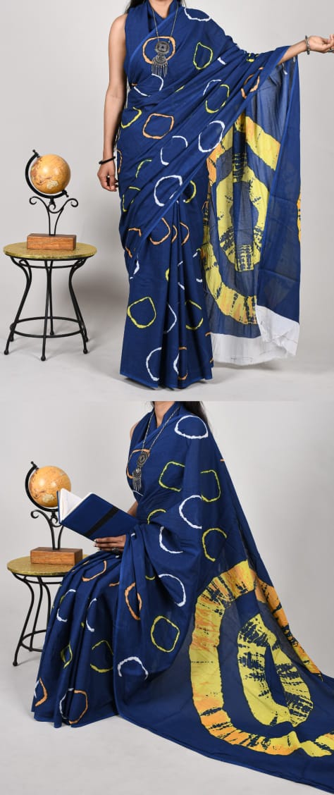 Bagru Natural Hand Block Print Cotton Navy Blue-Yellow Mulmul Sarees With Blouse