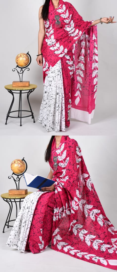 Bagru Natural Hand Block Print Cotton Pink with White & black Mulmul Sarees With Blouse