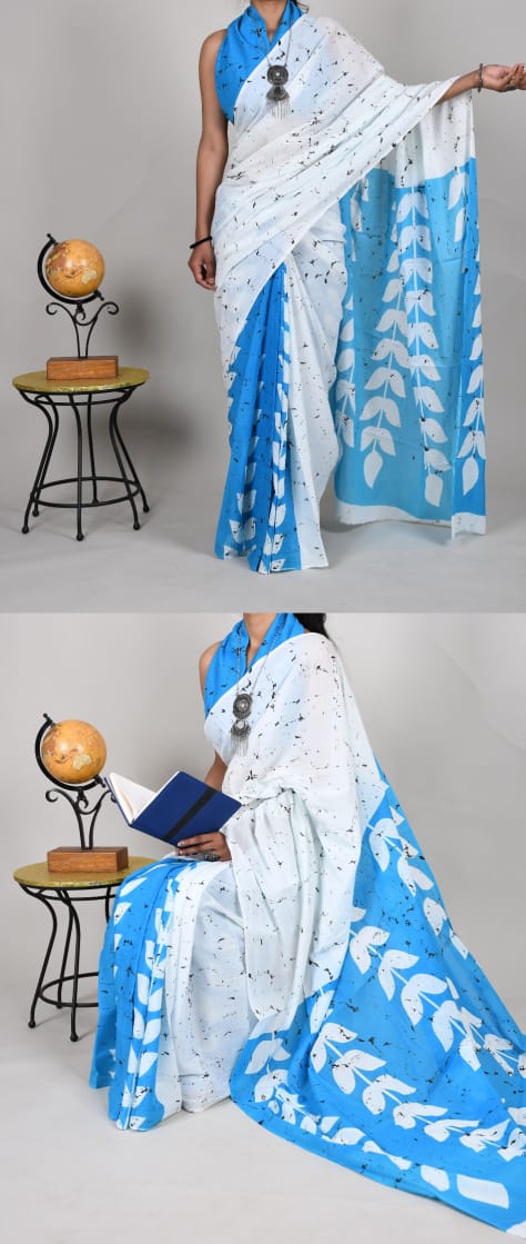 Bagru Natural Hand Block Print Cotton Sky Blue-White Mulmul Sarees With Blouse