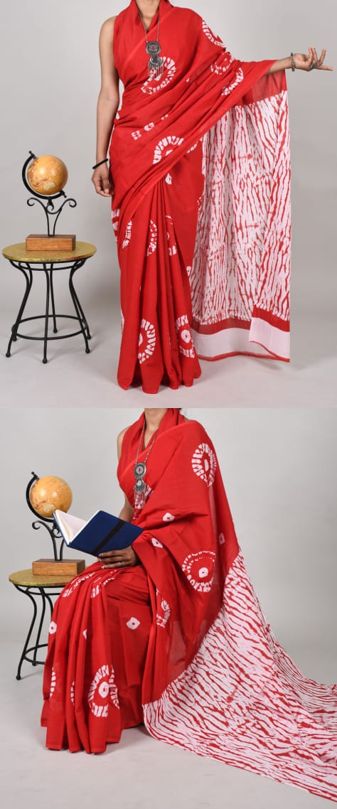 Bagru Natural Hand Block Print Cotton Red-White Mulmul Sarees With Blouse