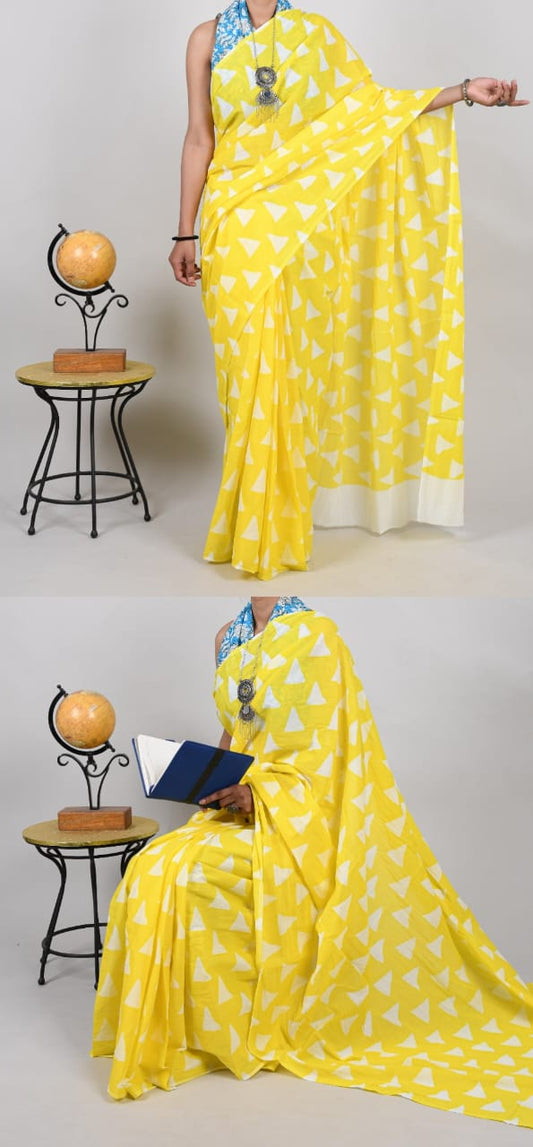 Bagru Natural Hand Block Print Cotton Yellow Mulmul Sarees With Blouse