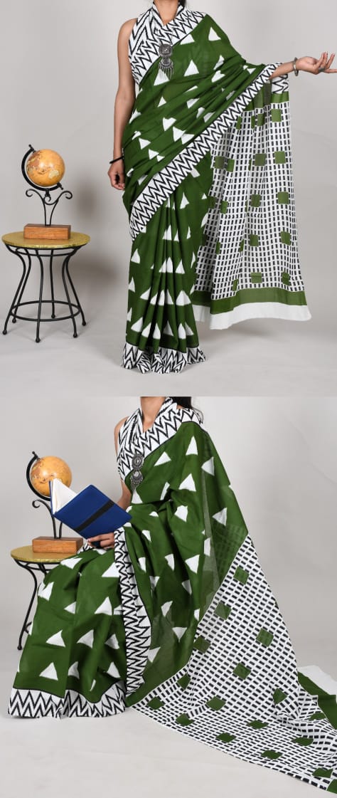 Bagru Natural Hand Block Print Cotton Green-White Mulmul Sarees With Blouse