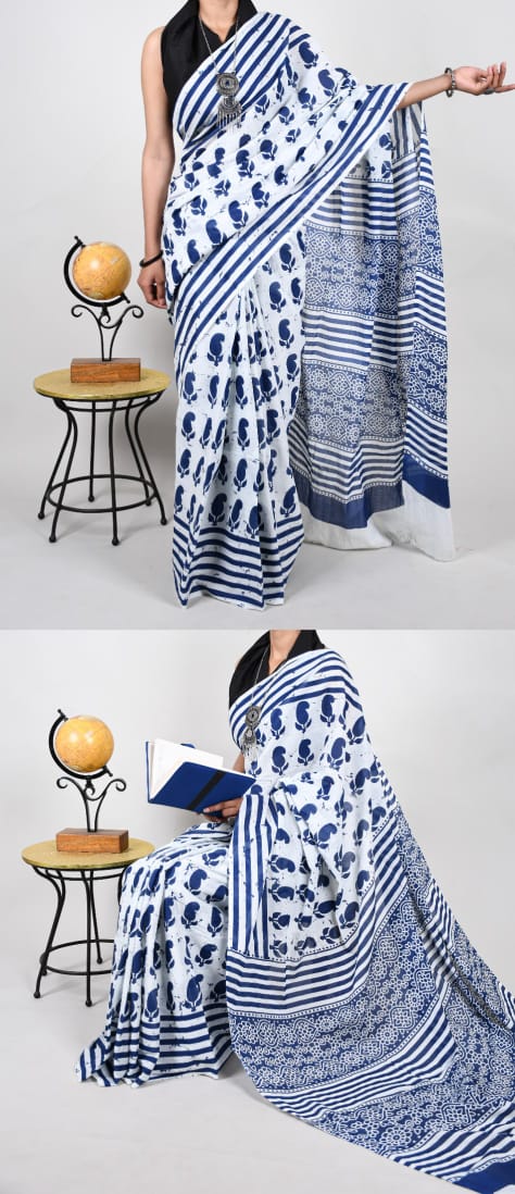 Bagru Natural Hand Block Print Cotton Blue-White Mulmul Sarees With Blouse