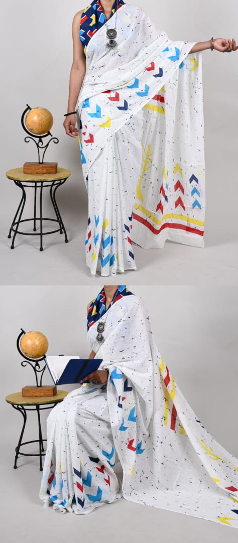 Bagru Natural Hand Block Print Cotton White Mulmul Sarees With Blouse