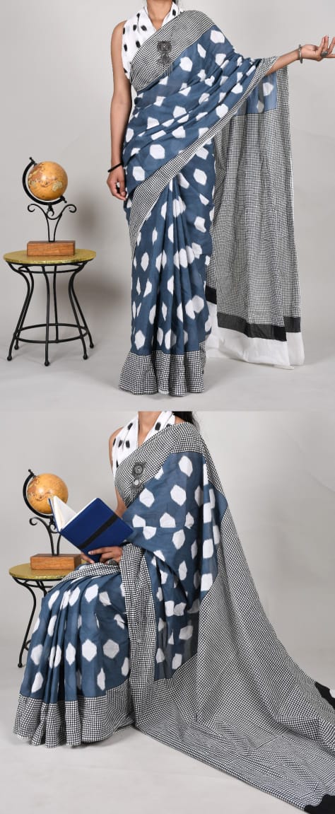 Bagru Natural Hand Block Print Cotton Blue-Black Mulmul Sarees With Blouse