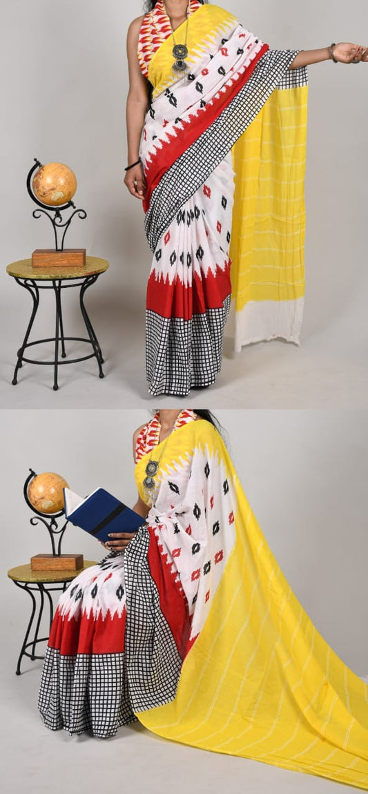 Bagru Natural Hand Block Print Cotton Yellow,White-Red,Black Mulmul Sarees With Blouse