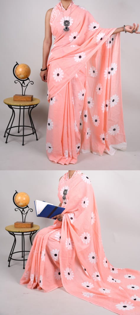 Bagru Natural Hand Block Print Cotton Baby Pink Mulmul Sarees With Blouse