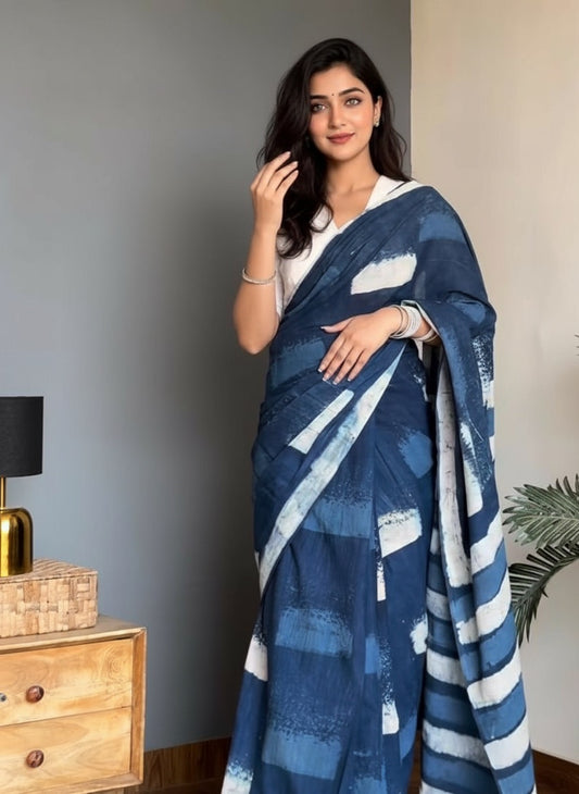 Indigo cotton linen digital print Navy Blue saree with silver border.