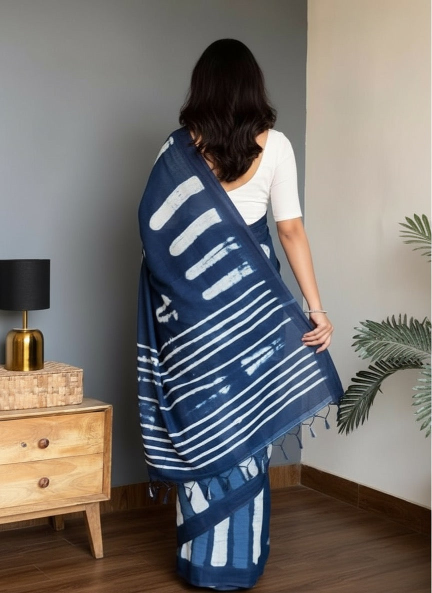 Indigo cotton linen digital print Navy Blue saree with silver border.