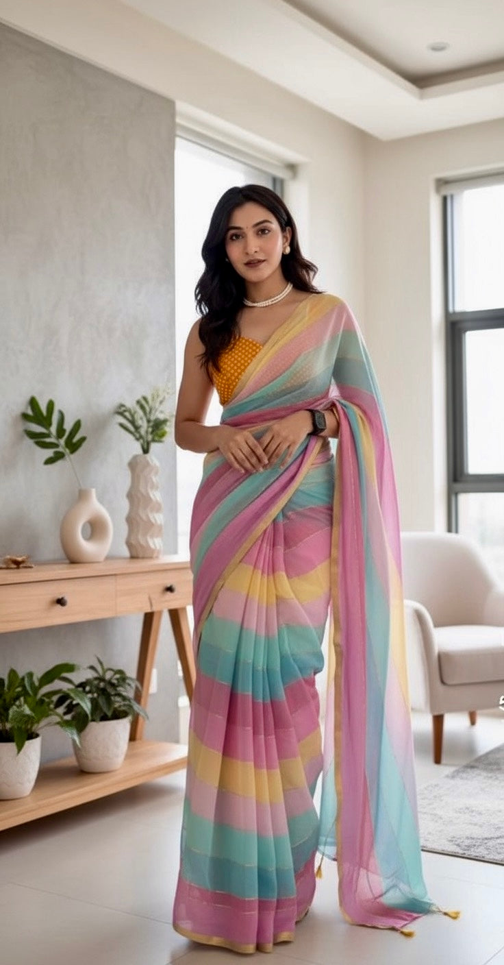Rangeen cotton linen digital print Multi colour saree with gold border.
