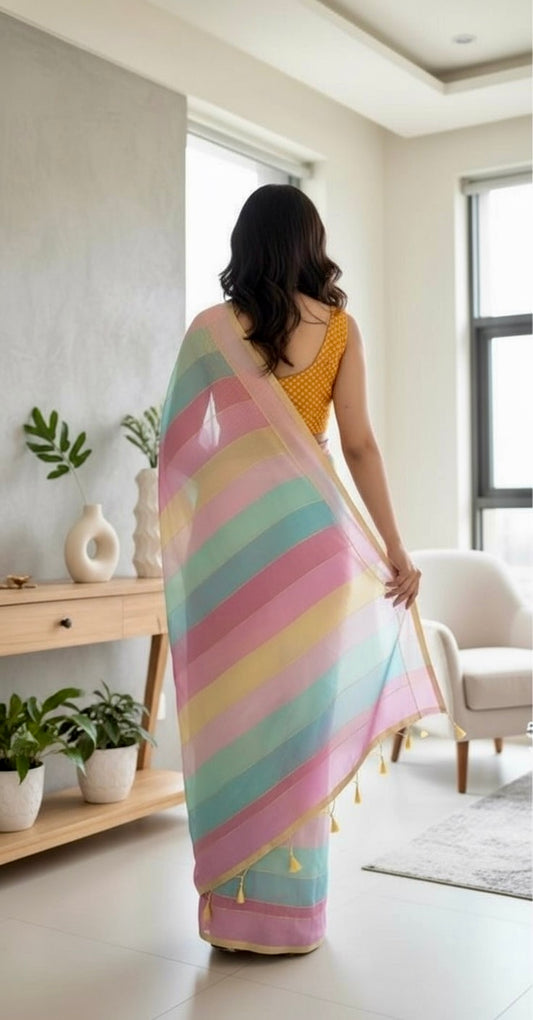 Rangeen cotton linen digital print Multi colour saree with gold border.
