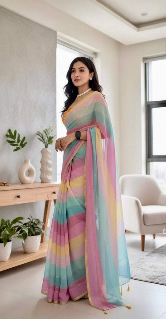 Rangeen cotton linen digital print Multi colour saree with gold border.