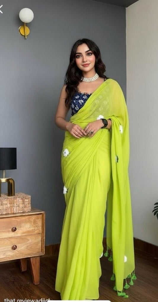 Parrot green cotton linen digital print Green Colour saree with heavy tassels