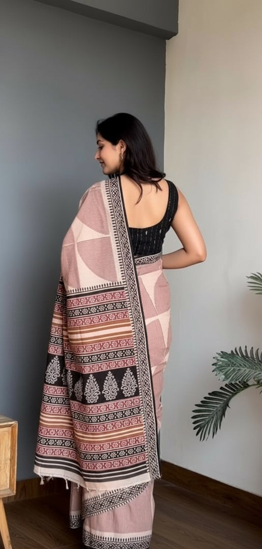 Geometric cotton linen digital print White & Red with Black Border saree