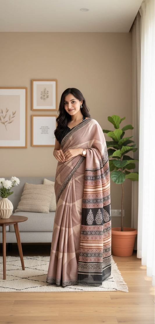Geometric cotton linen digital print White & Red with Black Border saree