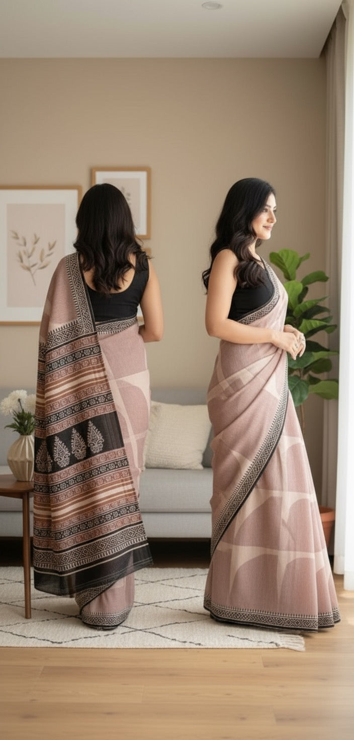 Geometric cotton linen digital print White & Red with Black Border saree
