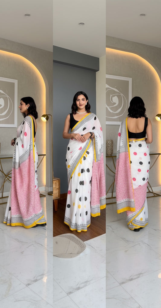 Polka dots cotton linen digital print White colour saree