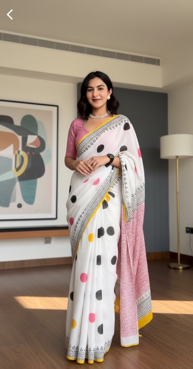 Polka dots cotton linen digital print White colour saree