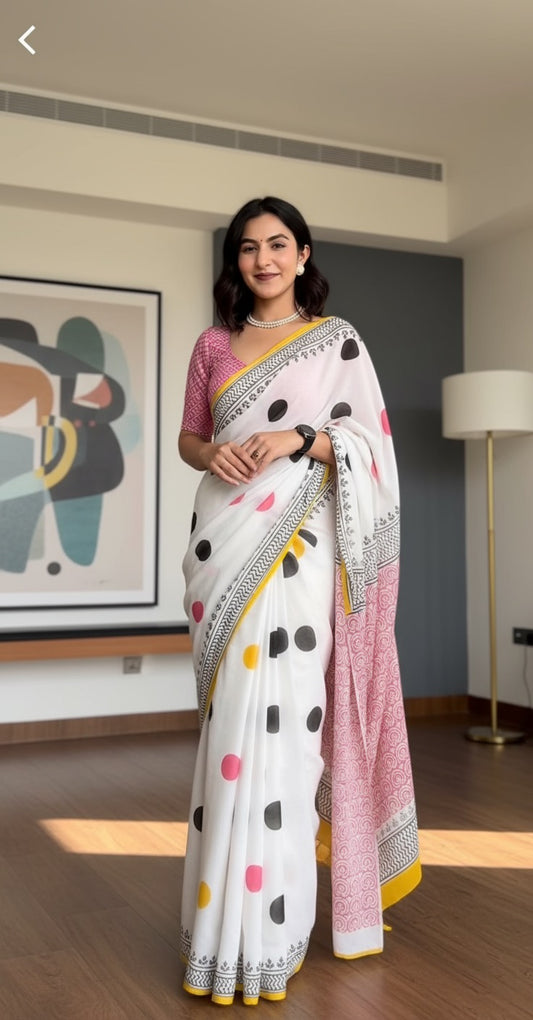 Polka dots cotton linen digital print White colour saree