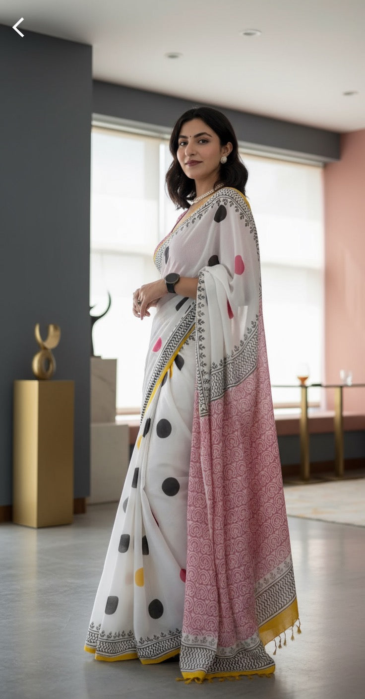 Polka dots cotton linen digital print White colour saree